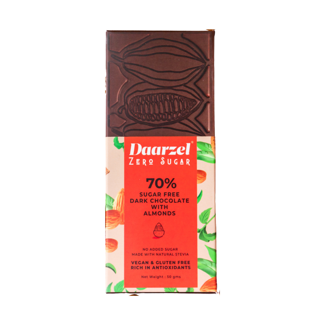 Brown Dark Chocolate Sugar Free | 70% Cocoa With Almond |  Gluten Free | 50 Gm