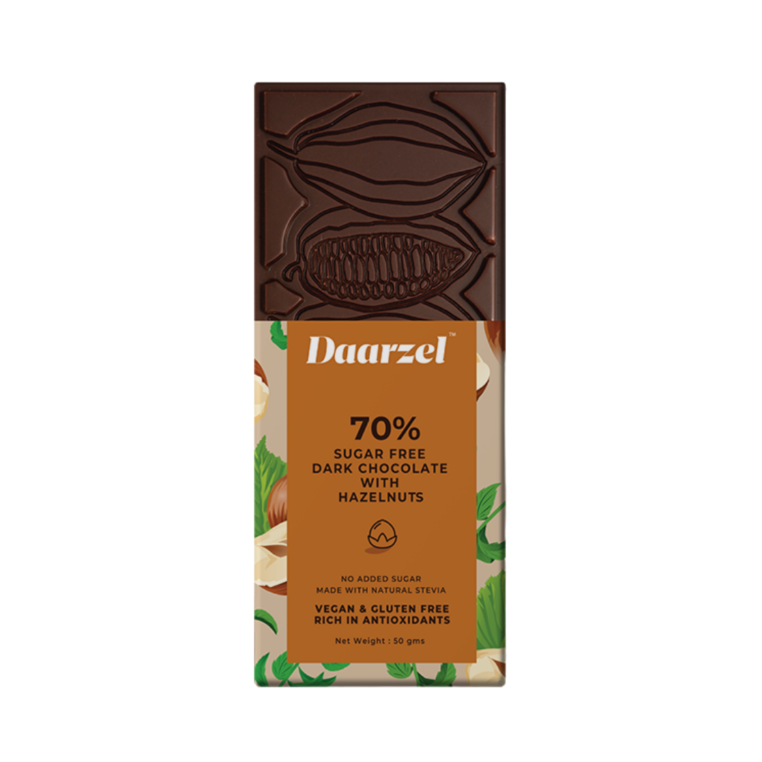 Brown Sugar Free Dark Chocolate | 70% Cocoa With Hazelnuts | Vegan | Gluten Free | No Added Sugar | Made With Stevia | 50g