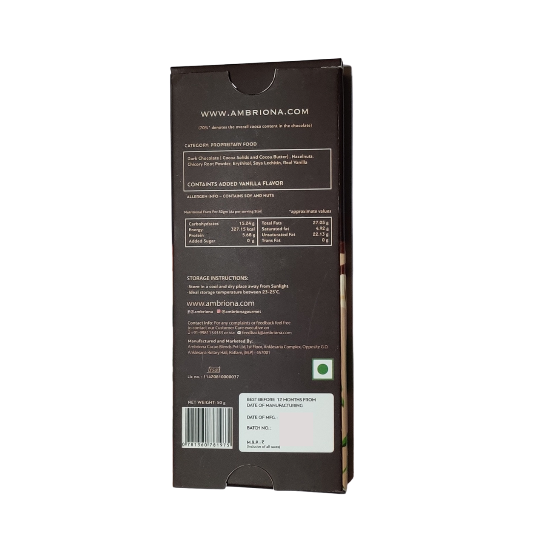 Brown Sugar Free Dark Chocolate | 70% Cocoa With Hazelnuts | Vegan | Gluten Free | No Added Sugar | Made With Stevia | 50g