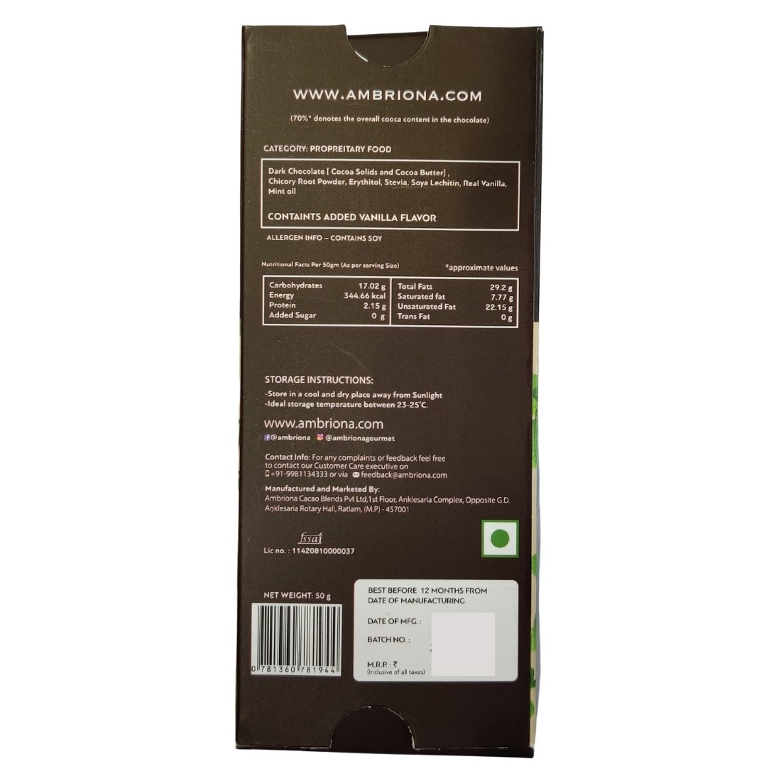 Brown Sugar Free Dark Chocolate | 70% Cocoa With Mint | Vegan | Gluten Free | No Added Sugar | Made With Stevia | 50g