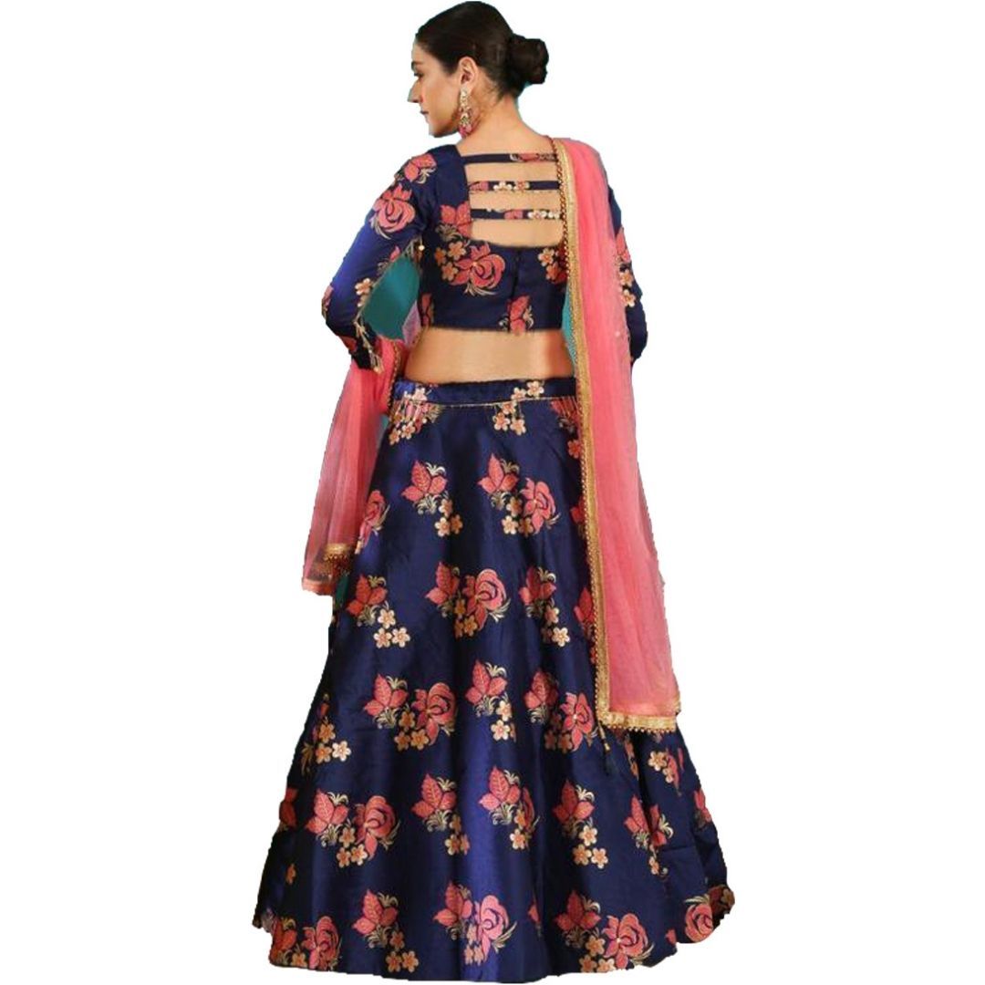 Dull Satin With Digital Print Lehenga Choli - Color: Navy Blue