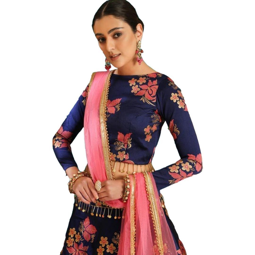 Dull Satin With Digital Print Lehenga Choli - Color: Navy Blue