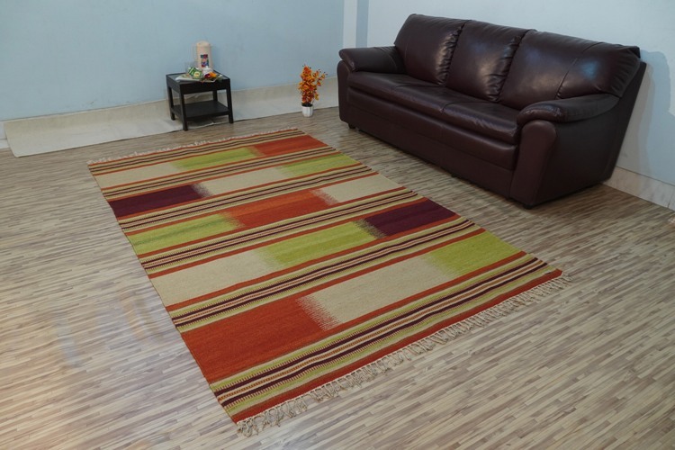 Hand Woven Woolen Kilim - Wool 6-7mm Thick Rectangle Shape | Features Anti-slip Back Material Simple Design Hand Washable Ideal For Home & Hotel Use
