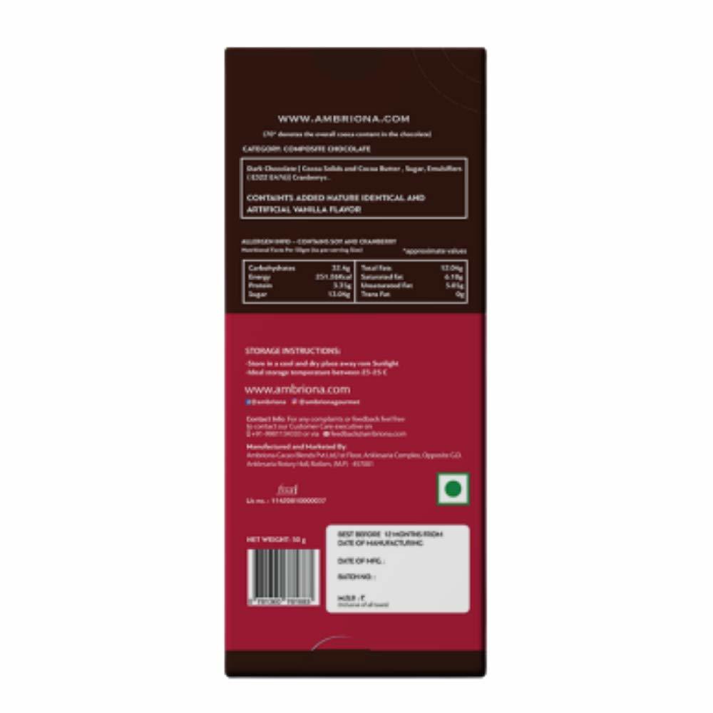 Brown Dark Chocolate 70% Cocoa Intense With Cranberry | Vegan & Gluten Free | 50 G