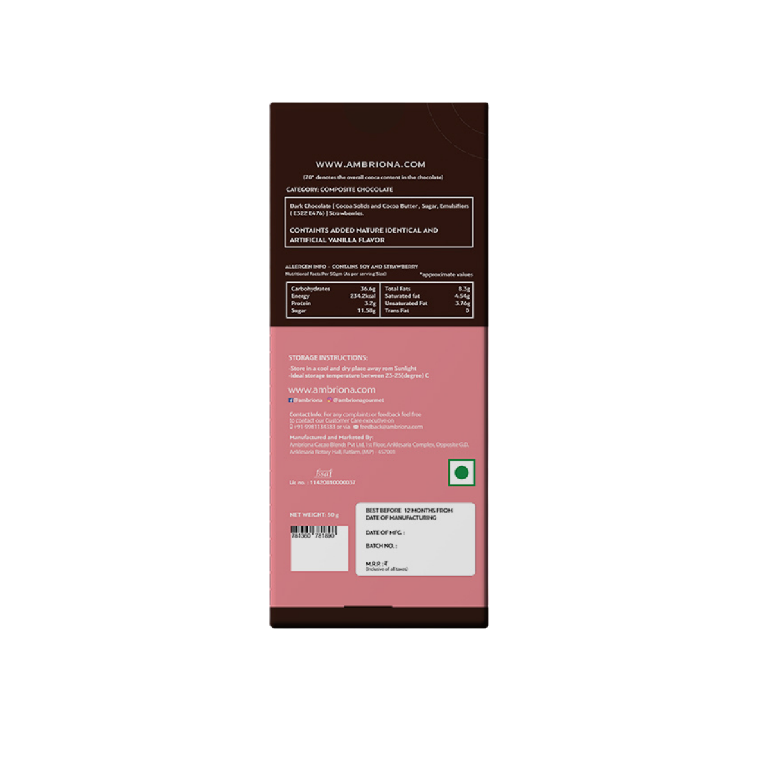 Brown Dark Chocolate 70% Cocoa With Strawberry | Vegan & Gluten Free | 50 G