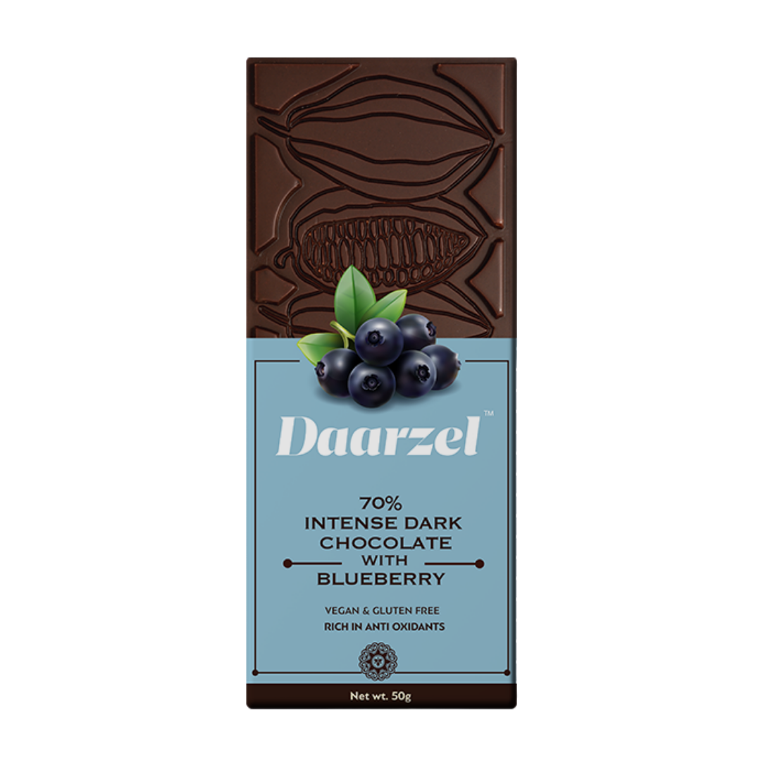 Brown Dark Chocolate 70% Cocoa Intense With Blueberry | Vegan & Gluten Free | 50 G