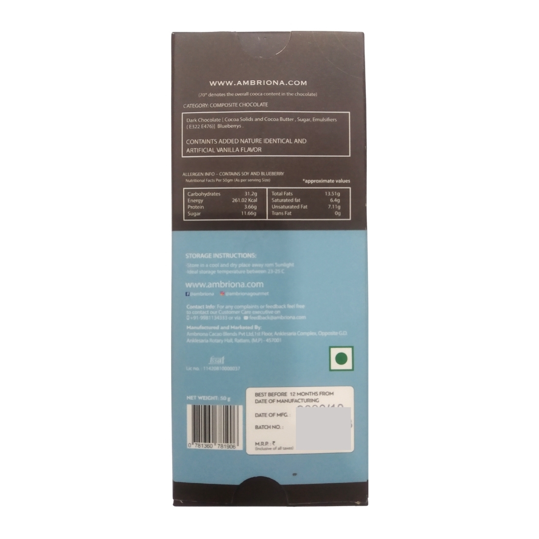 Brown Dark Chocolate 70% Cocoa Intense With Blueberry | Vegan & Gluten Free | 50 G