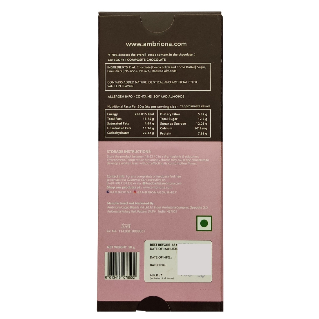 Brown Dark Chocolate 70% Cocoa Intense With Almonds
