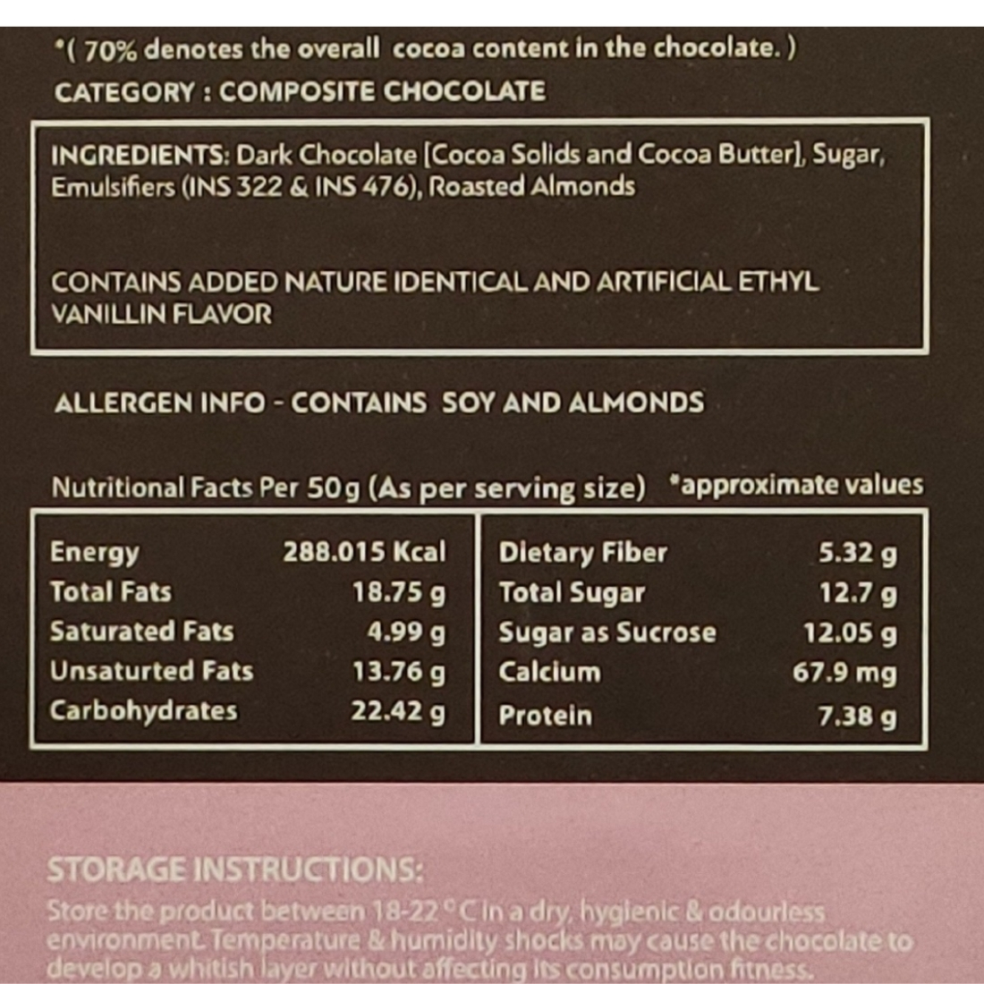 Brown Dark Chocolate 70% Cocoa Intense With Almonds