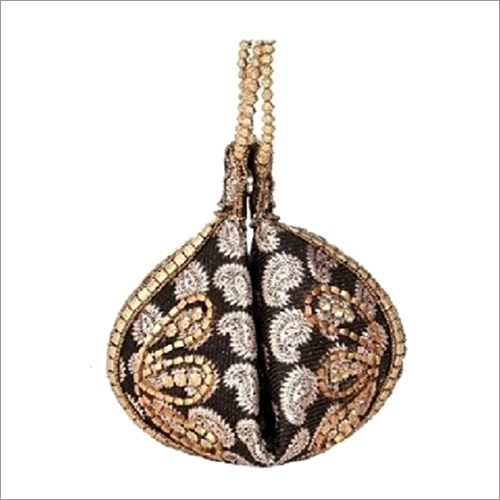 Ladies Designer Potli Bag - Fabric, Small Size, Red Color | Drawstring Closure, Paisley Pattern, Beads Embellishment For Weddings