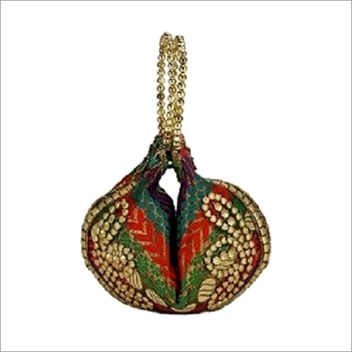 Ladies Designer Potli Bag - Fabric, Small Size, Red Color | Drawstring Closure, Paisley Pattern, Beads Embellishment For Weddings