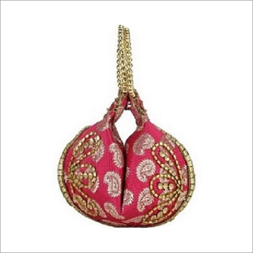 Ladies Designer Potli Bag - Fabric, Small Size, Red Color | Drawstring Closure, Paisley Pattern, Beads Embellishment For Weddings