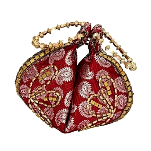Ladies Designer Potli Bag - Fabric, Small Size, Red Color | Drawstring Closure, Paisley Pattern, Beads Embellishment For Weddings