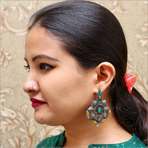 Silver And Green Stone trianglel Brass Jhumki Earrings