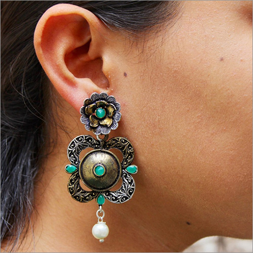 Silver And Green Stone Pearl Brass Jhumki Earrings
