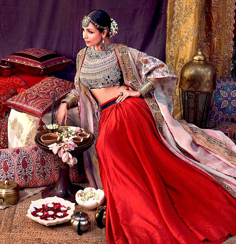 Arora Lehenga - Soft Taffeta & Crape, 44" Length, Rose Red With Black Heavy Embroidery Blouse, 3 Mtr Organza Dupatta