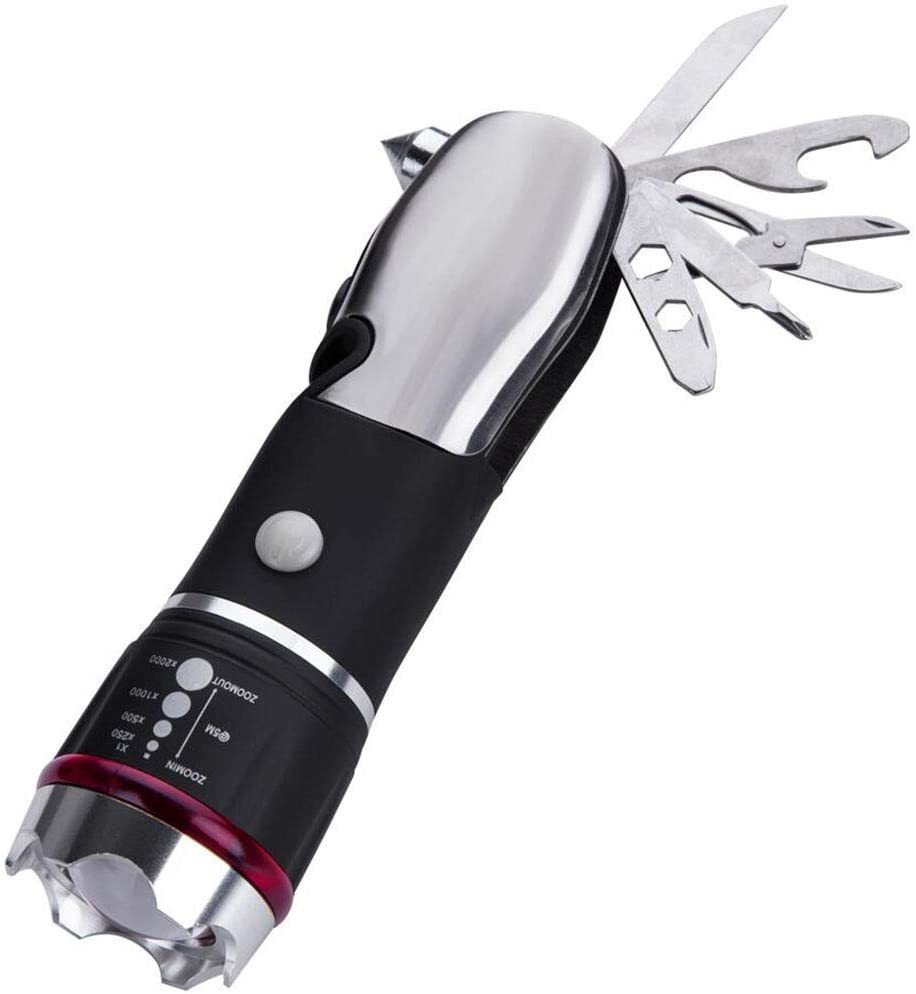 Emergency Torch With Tool Kit - Metal And Plastic, 10 In 1 Multi-use Tool, Battery Operated With White Led Light, Red Emergency Flasher & Compact Design