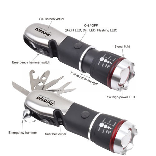 Emergency Torch With Tool Kit - Metal And Plastic, 10 In 1 Multi-use Tool, Battery Operated With White Led Light, Red Emergency Flasher & Compact Design