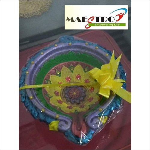 Handmade Decorative Diya - Clay , 5 Inches Square Shape, Glossy Gold Finish, Lightweight 100 Grams, Elegant Plastic Wrapped Packaging