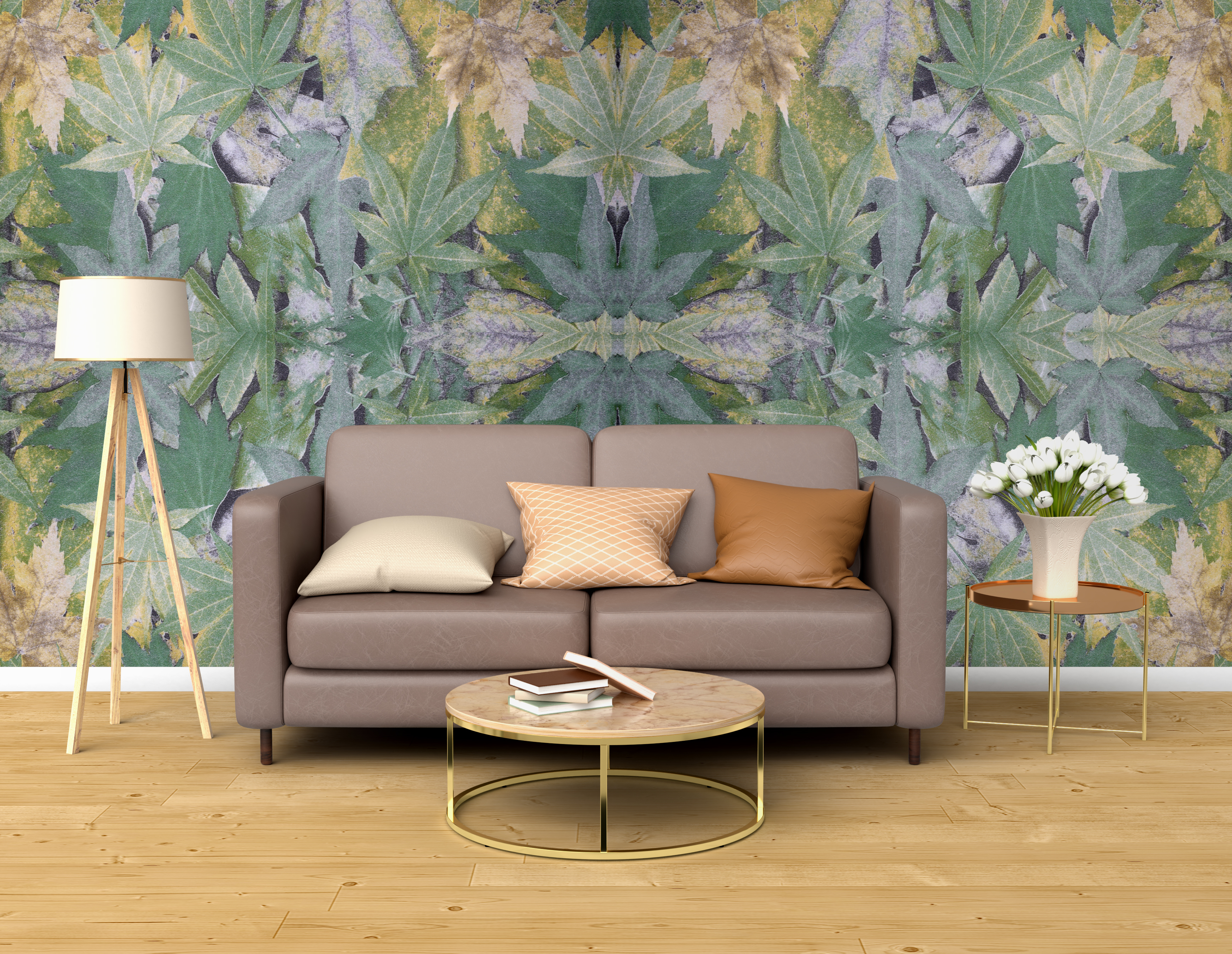 Hh-91102 Non-woven Leaves Adhesive Wallpaper