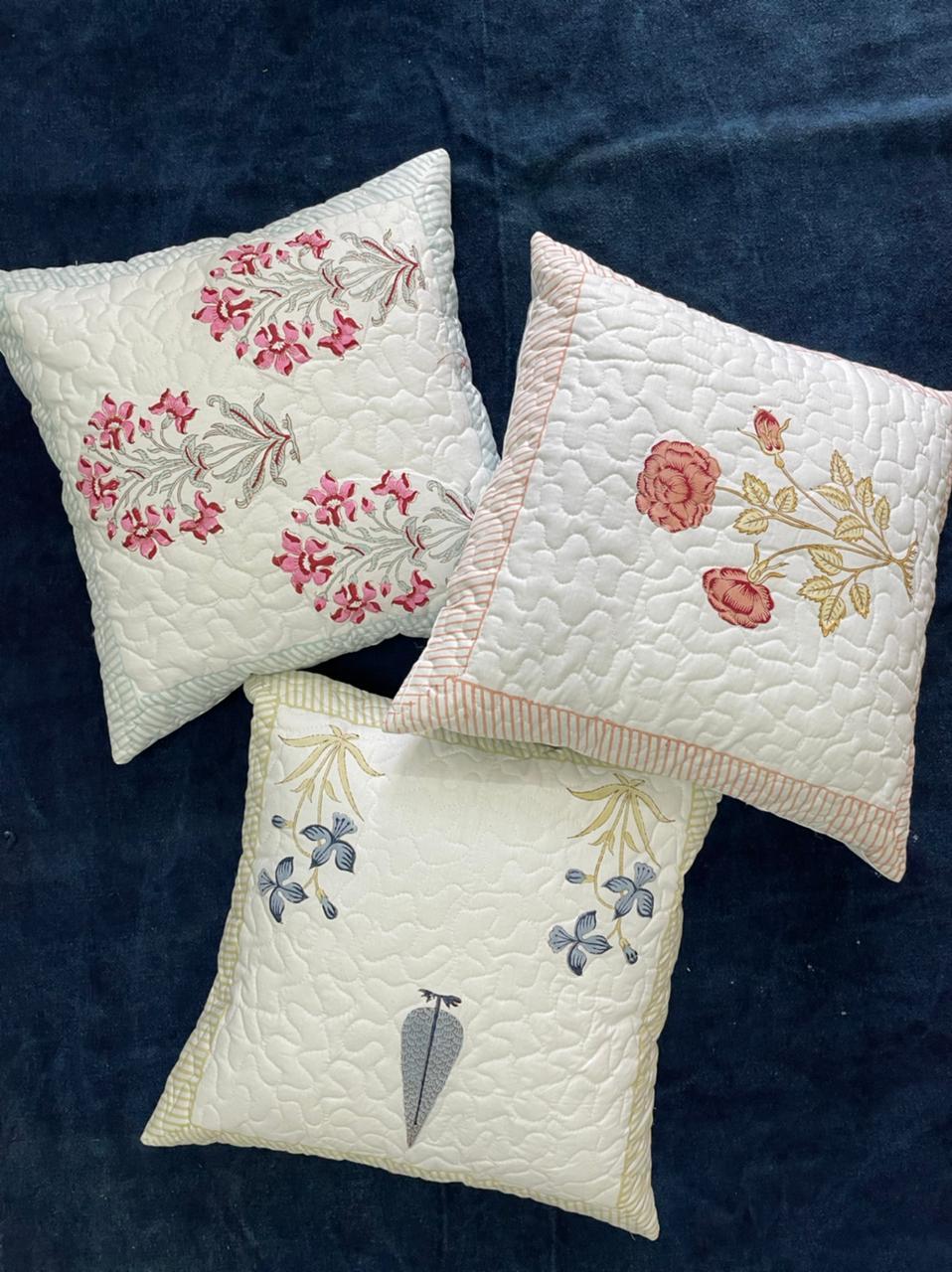 Hand Block Printed Cotton Quilted Cushion Cover - 16x16 Inches | Floral Pattern, Zipper Closure, Elegant White Design