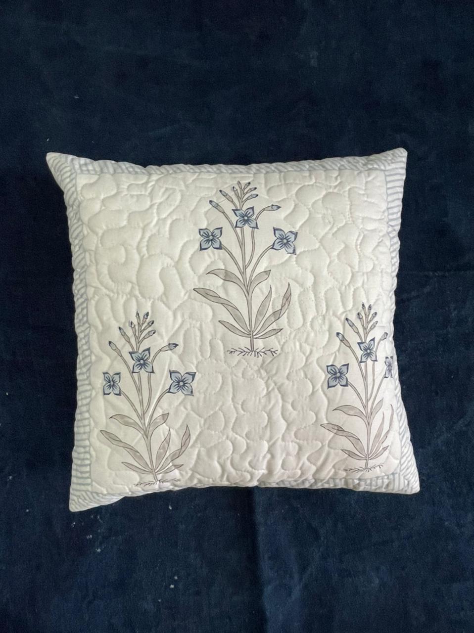 Hand Block Printed Cotton Quilted Cushion Cover - 16x16 Inches | Floral Pattern, Zipper Closure, Elegant White Design