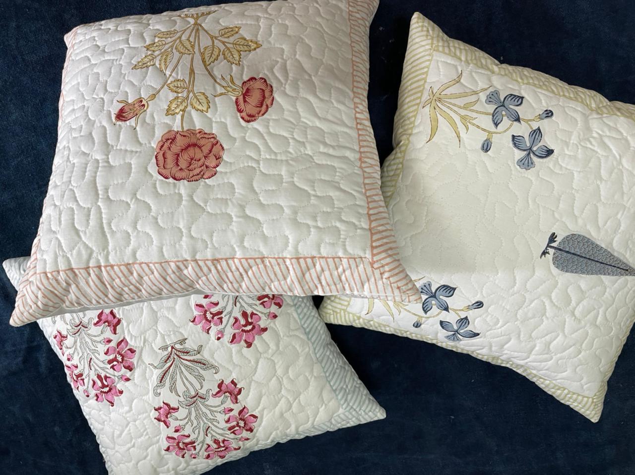 Hand Block Printed Cotton Quilted Cushion Cover - 16x16 Inches | Floral Pattern, Zipper Closure, Elegant White Design