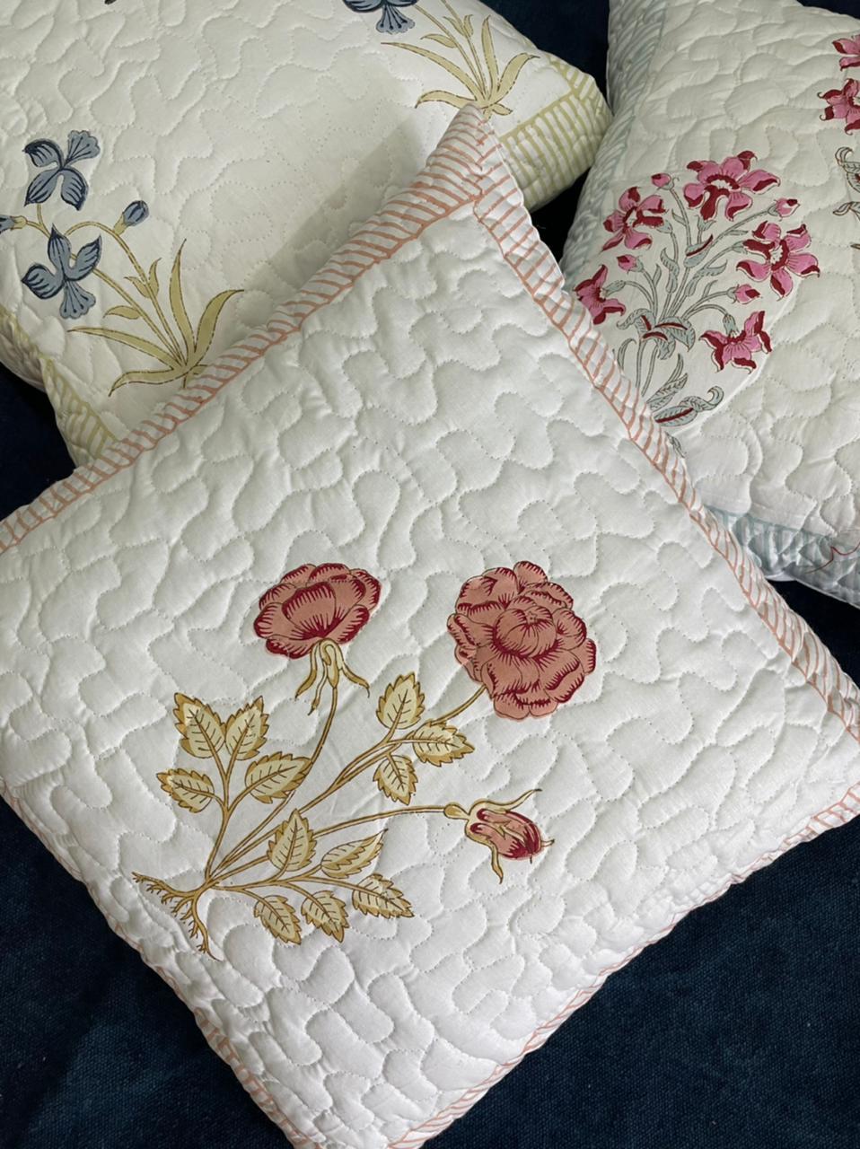 Hand Block Printed Cotton Quilted Cushion Cover - 16x16 Inches | Floral Pattern, Zipper Closure, Elegant White Design