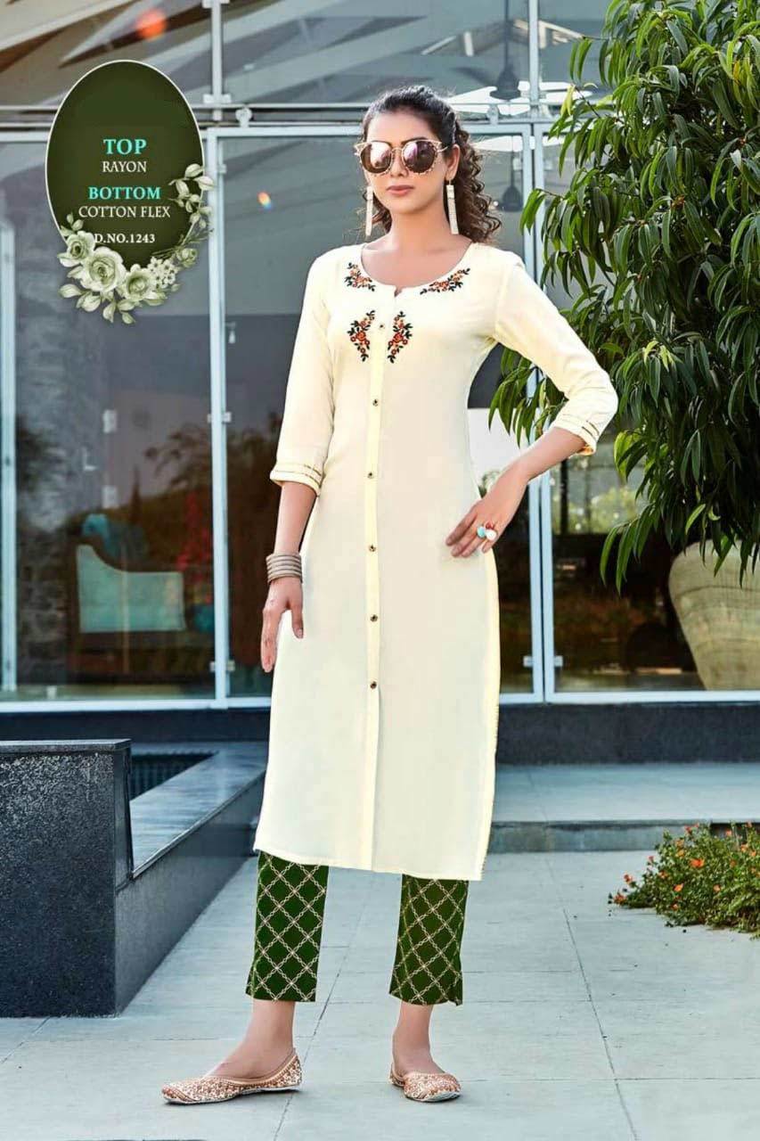 Pant Vol 6 Rayon, Cotton Flex Kurti With Pant Set - Rayon, Cotton Flex Fabric, Sizes M, L, Xl, Xxl, 3xl | Embroidered Pattern, 3-4th Sleeve, Quick Dry, Washable, Traditional Ethnic Party Wear
