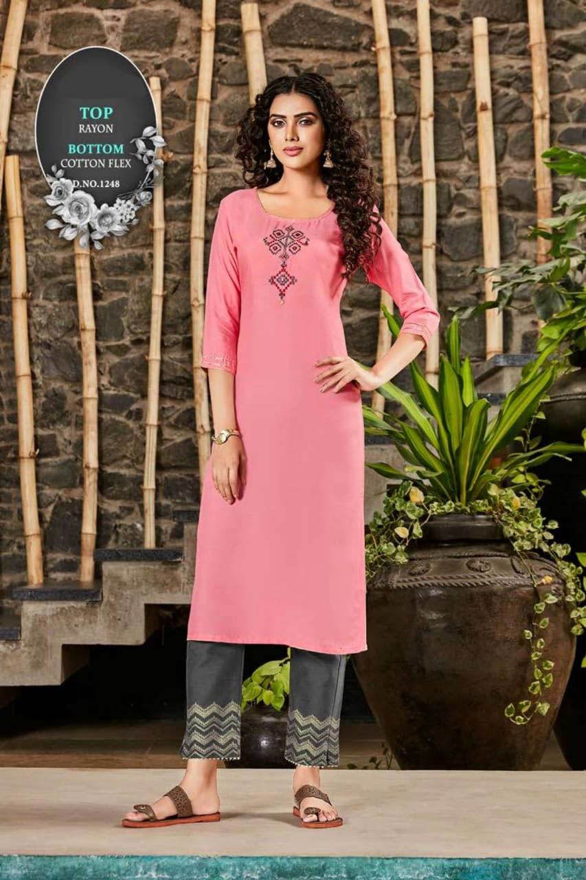 Pant Vol 6 Rayon, Cotton Flex Kurti With Pant Set - Rayon, Cotton Flex Fabric, Sizes M, L, Xl, Xxl, 3xl | Embroidered Pattern, 3-4th Sleeve, Quick Dry, Washable, Traditional Ethnic Party Wear