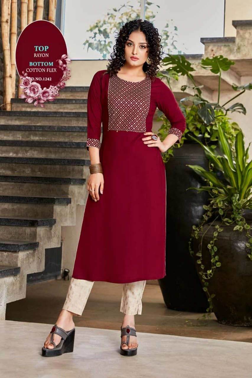 Pant Vol 6 Rayon, Cotton Flex Kurti With Pant Set - Rayon, Cotton Flex Fabric, Sizes M, L, Xl, Xxl, 3xl | Embroidered Pattern, 3-4th Sleeve, Quick Dry, Washable, Traditional Ethnic Party Wear