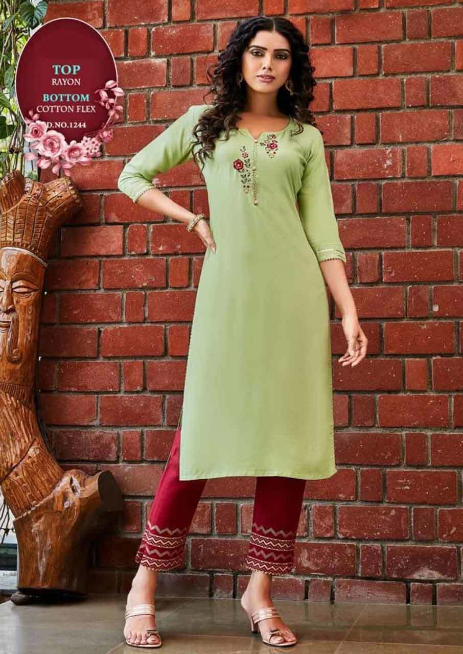 Pant Vol 6 Rayon, Cotton Flex Kurti With Pant Set - Rayon, Cotton Flex Fabric, Sizes M, L, Xl, Xxl, 3xl | Embroidered Pattern, 3-4th Sleeve, Quick Dry, Washable, Traditional Ethnic Party Wear