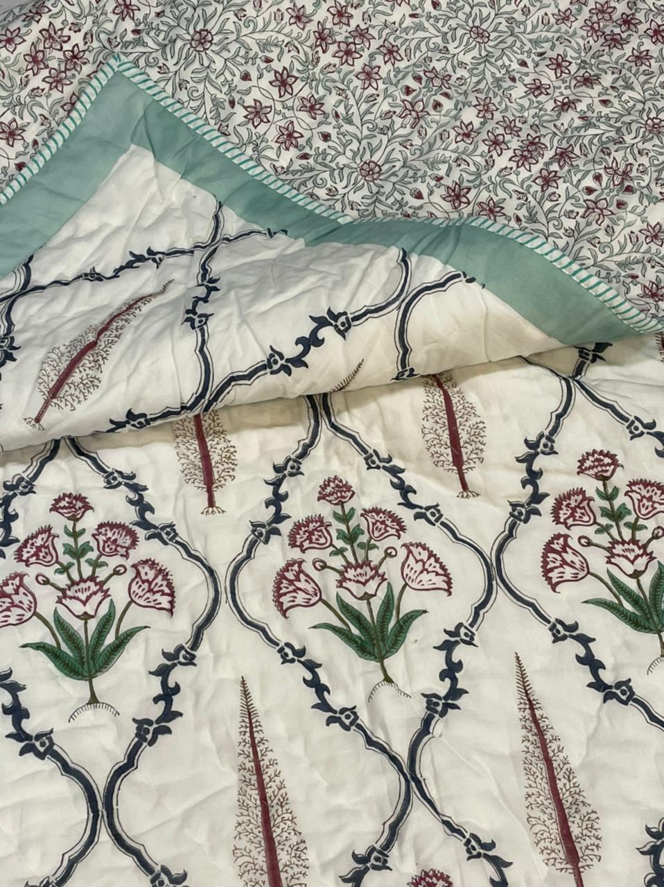 Hand Block Printed Reversible Ac Quilt - 100% Cotton, 60x90 Inches | Machine Washable, Surgical Cotton Filling