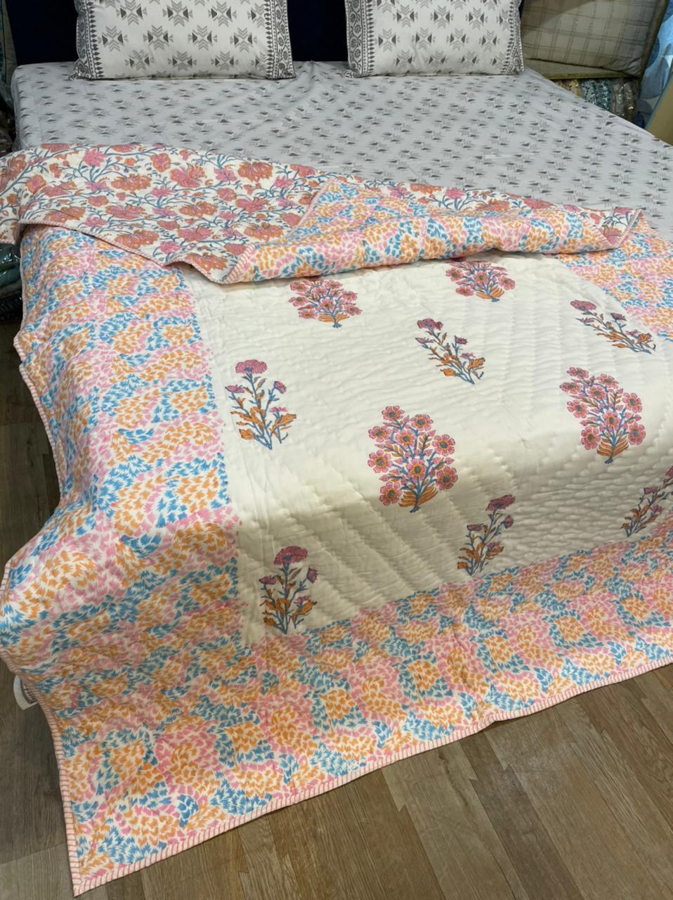 Hand Block Printed Reversible Ac Quilt - 100% Cotton, 60x90 Inches | Machine Washable, Surgical Cotton Filling