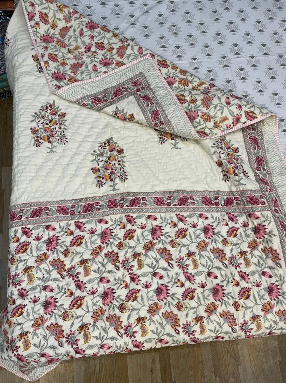 Hand Block Printed Reversible Ac Quilt - 100% Cotton, 60x90 Inches | Machine Washable, Surgical Cotton Filling