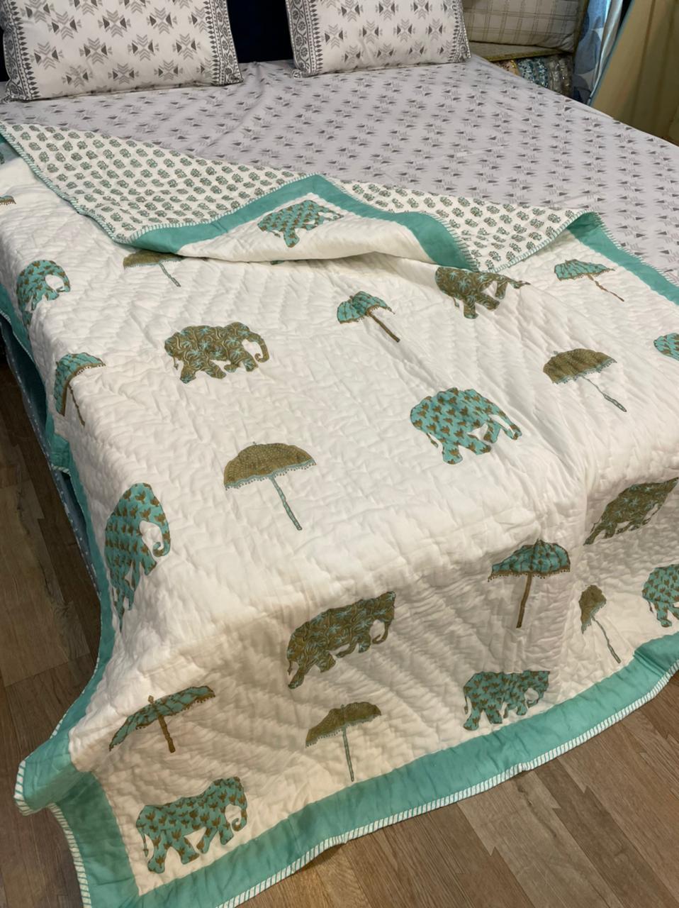 Hand Block Printed Reversible Ac Quilt - 100% Cotton, 60x90 Inches | Machine Washable, Surgical Cotton Filling