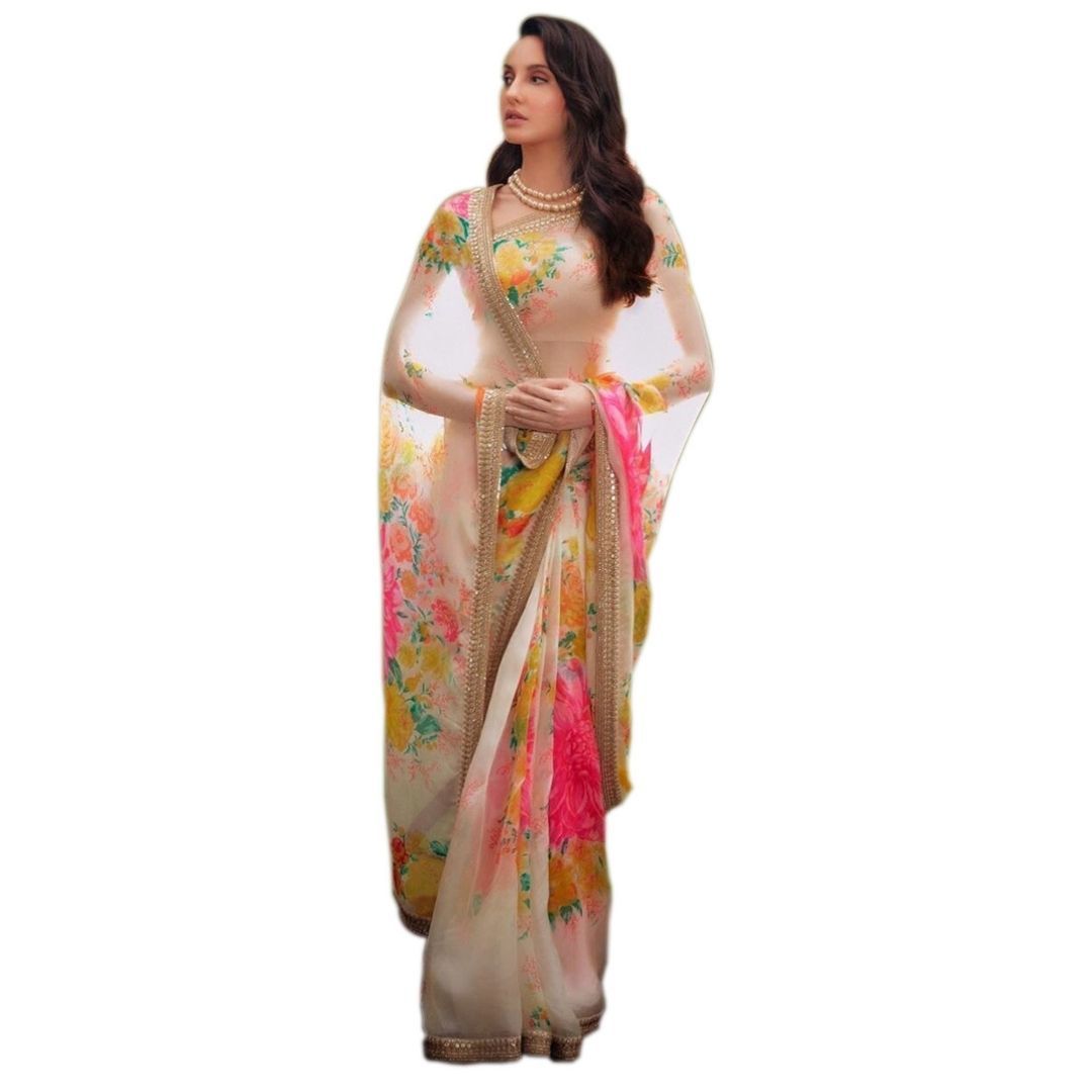 Designer Saree - Ultra Satin With Digital Print, 5.5 Mtr Length, Cream Georgette, Printed Pattern