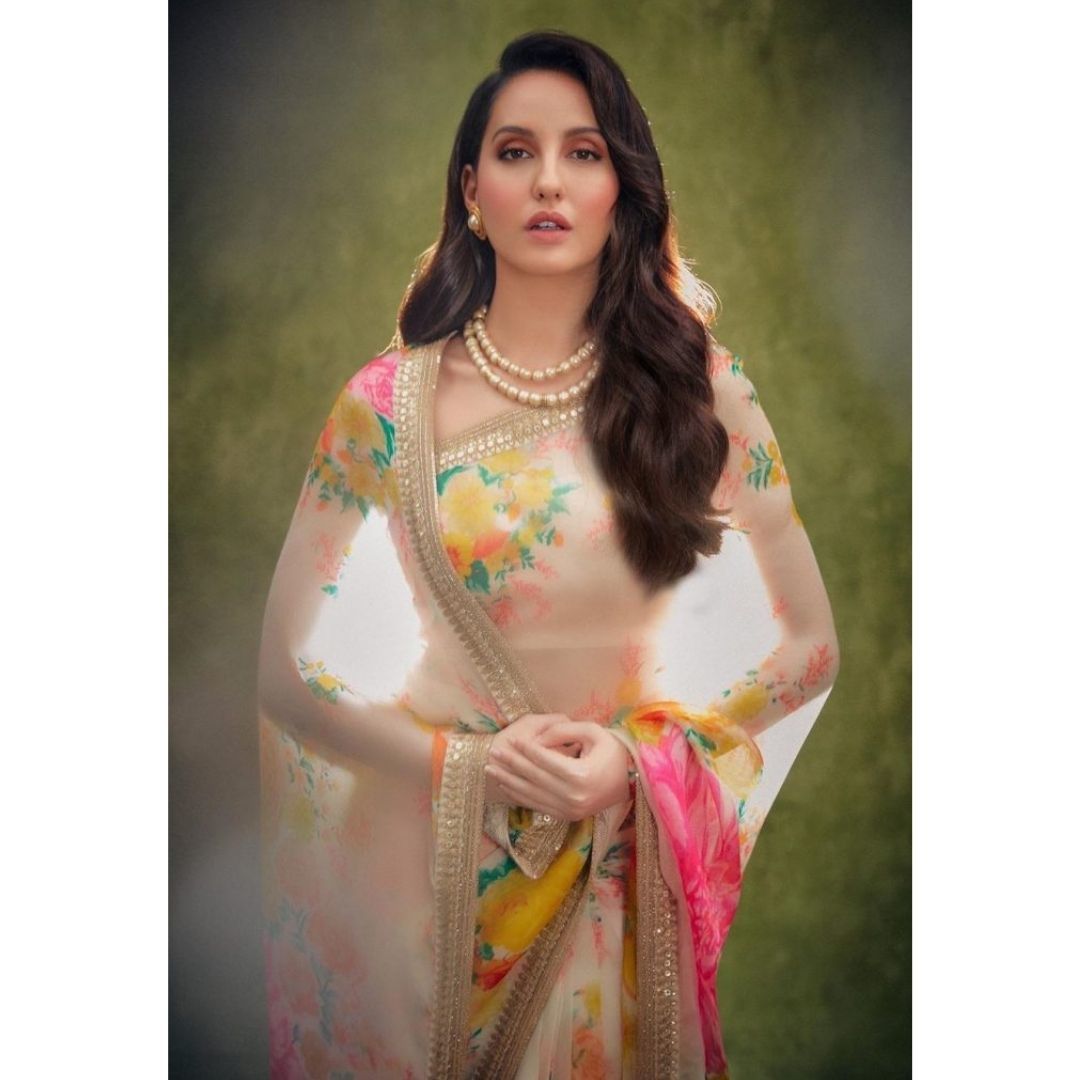 Designer Saree - Ultra Satin With Digital Print, 5.5 Mtr Length, Cream Georgette, Printed Pattern