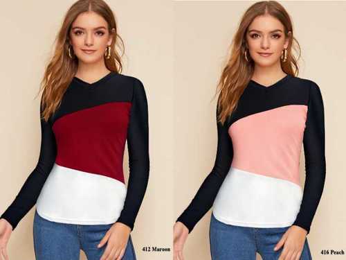 Ladies Women's T-Shirt - Knitting Fabric, V Neck, Full Sleeves, Length 23.5 Inch | Trendy Design, Printed Pattern, Available in Sizes S-L-XL
