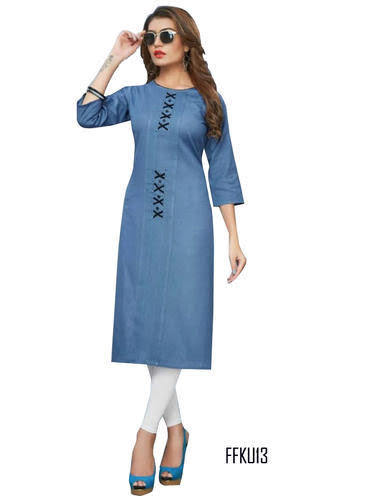 Cotton Kurti - Knee Length, Blue Color | Three-Quarter Sleeves, Round Neck, Embroidered Pattern, Casual Wear