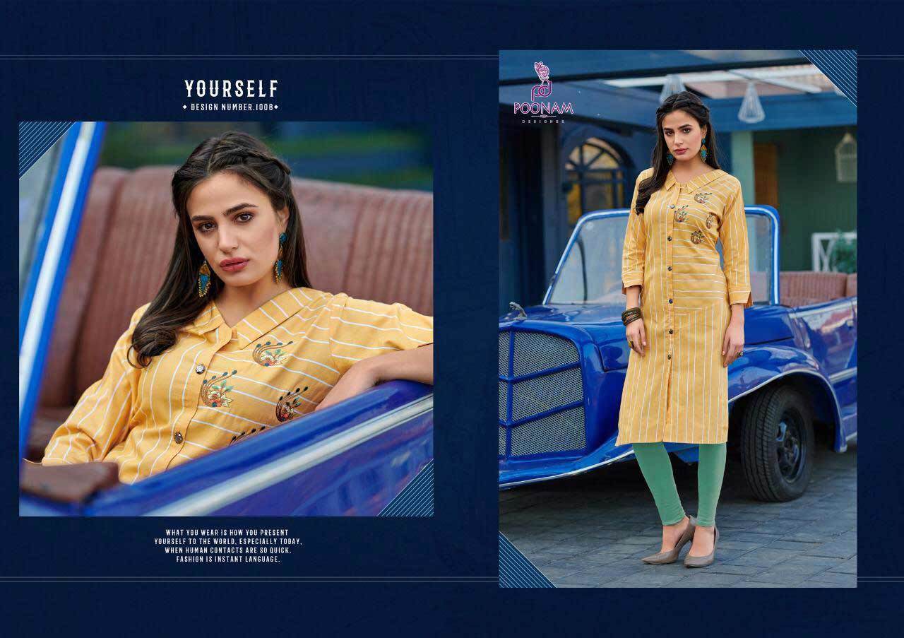 Poonam Designer By Collection Cotton Jacquard Strip Kurtis - Sizes S, M, L, Xl, Xxl, 3xl, 4xl, 5xl | Traditional Embroidered, Quick Dry, Dry Clean Only