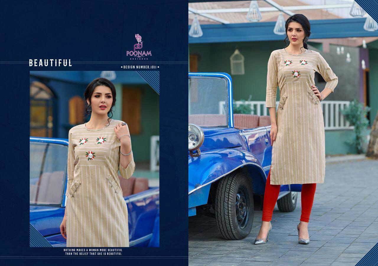 Poonam Designer By Collection Cotton Jacquard Strip Kurtis - Sizes S, M, L, Xl, Xxl, 3xl, 4xl, 5xl | Traditional Embroidered, Quick Dry, Dry Clean Only