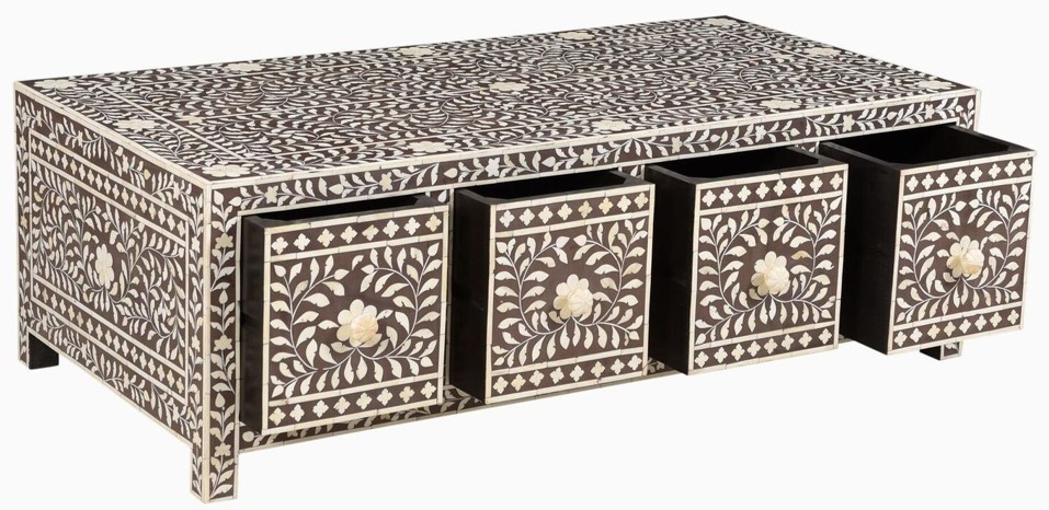 Bone Inlay Coffee Table - Bone And Wood, 48x24x18 Inches, Brown | Inlay Style, Pre-assembled Living Room Furniture For Home Dã©cor