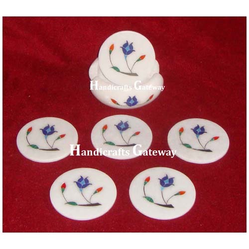 व्हाइट मार्बल लैपिस लाजुली स्टोन इनले वर्क टी कोस्टर