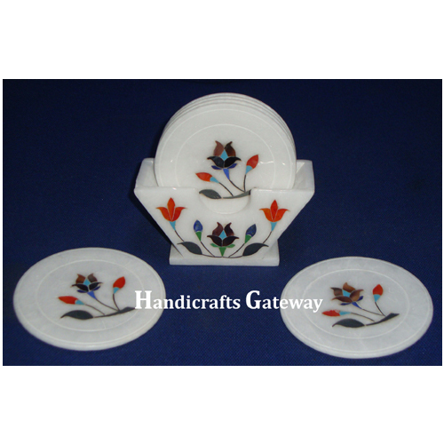 व्हाइट एंटीक मार्बल इनले वर्क टी कोस्टर सेट