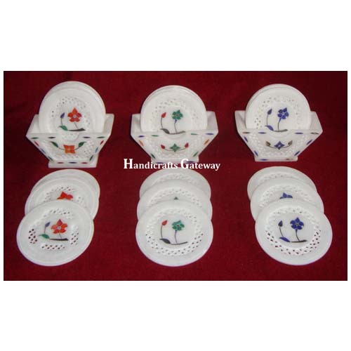 व्हाइट स्टोन इनले डिज़ाइन टी कोस्टर सेट