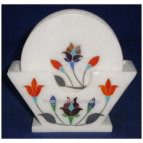 व्हाइट मार्बल डिफरेंट सेमी प्रेशियस स्टोन इनले वर्क कोस्टर सेट