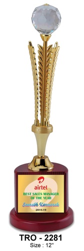 Designer Crystal Trophy - Crystal & Wood, 12 Inches Clear Polished Finish | Custom Engraving on Stylish Round Base