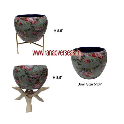 Metal Round Planter - Iron With Eco-Friendly Wood Stand, Antique Finish, Polished Surface, Perfect For Indoor & Outdoor Use