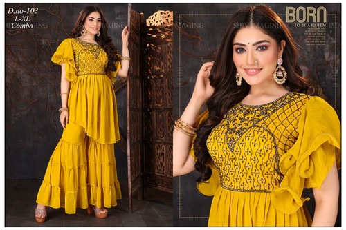 Sharara Suit - Polyester Fabric Yellow Color Embroidered Flutter Sleeves